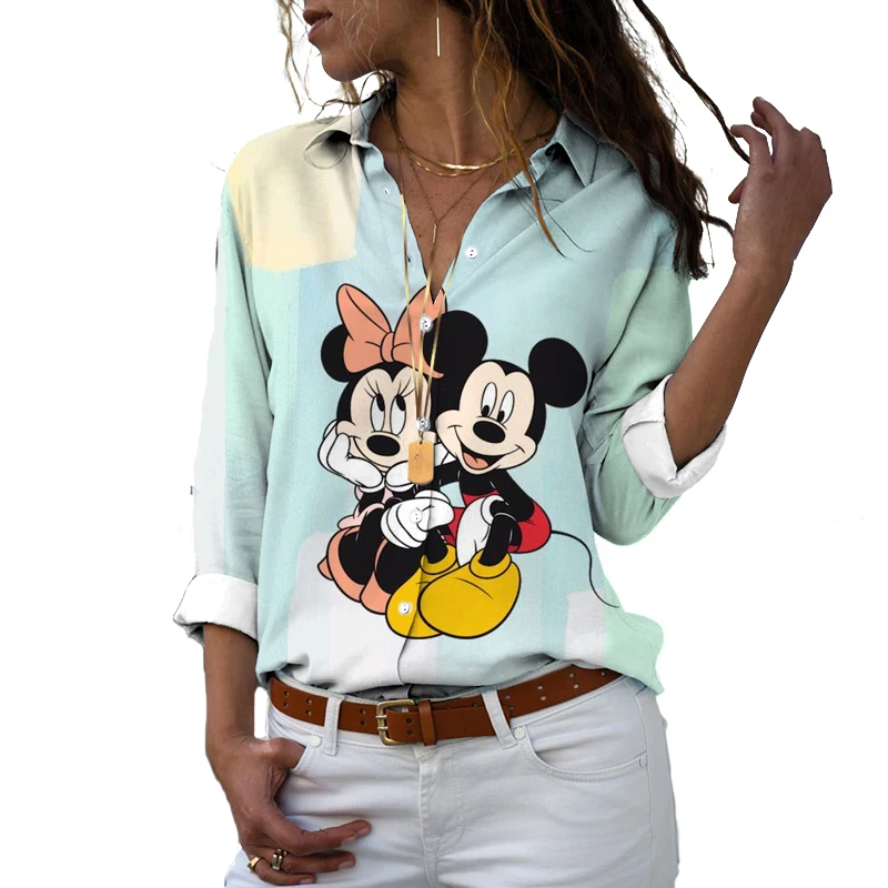 

2024 Street Style Autumn Harajuku Long Sleeve Shirt Mickey Minnie Cartoon 3D Print Women's Lapel Single Breasted Shirt y2k