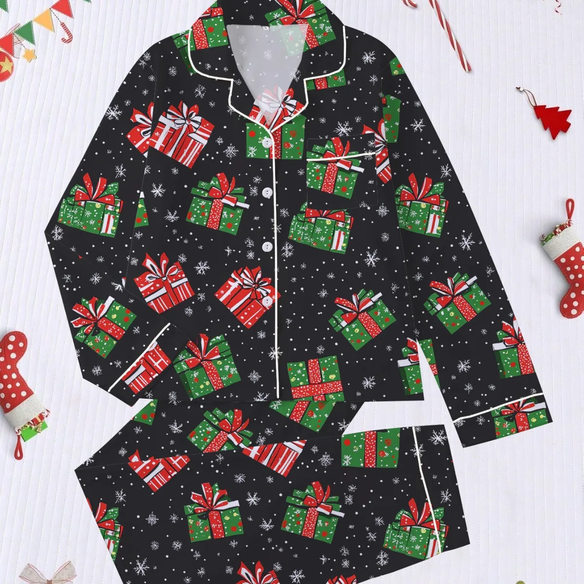 

Женская рождественская одежда для сна, повседневная домашняя одежда с длинными рукавами, мультяшная подарочная коробка, пижамный комплект с принтом, домашняя одежда для рождественской вечеринки, ночная рубашка