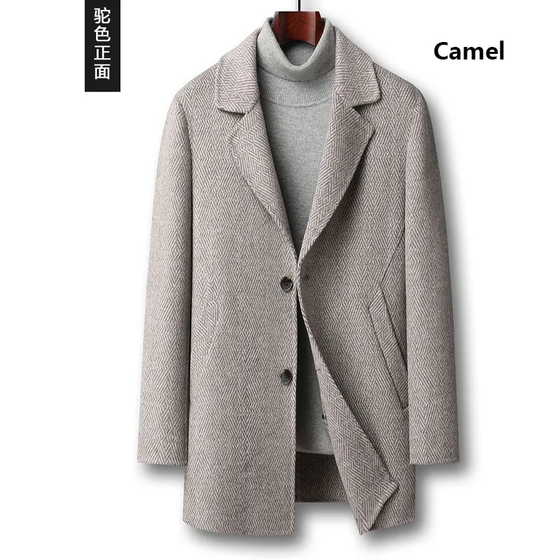 

New Autumn and Winter Silkworm silk Double-sided Cashmere Coat Men's Argyle Herringbone Wool Down Liner Thickened Warm Grey Coat