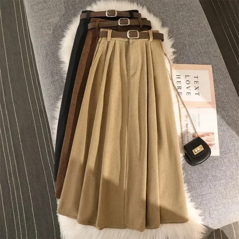 Retro Belt Corduroy Midi Skirt Women High Waist Pleated A Line Skirt Female Fall Winter Streetwear Korean Chic Long  Faldas New