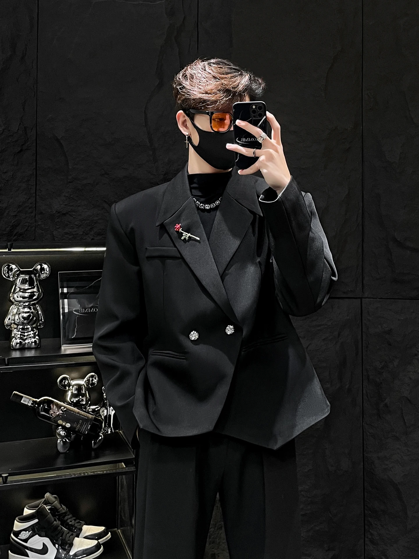 

Homme Double Row Button ort Wide Men's Suit Jaet Trendy Haome oulder Pad No Limit Mirror Casual Spring Autumn Wear