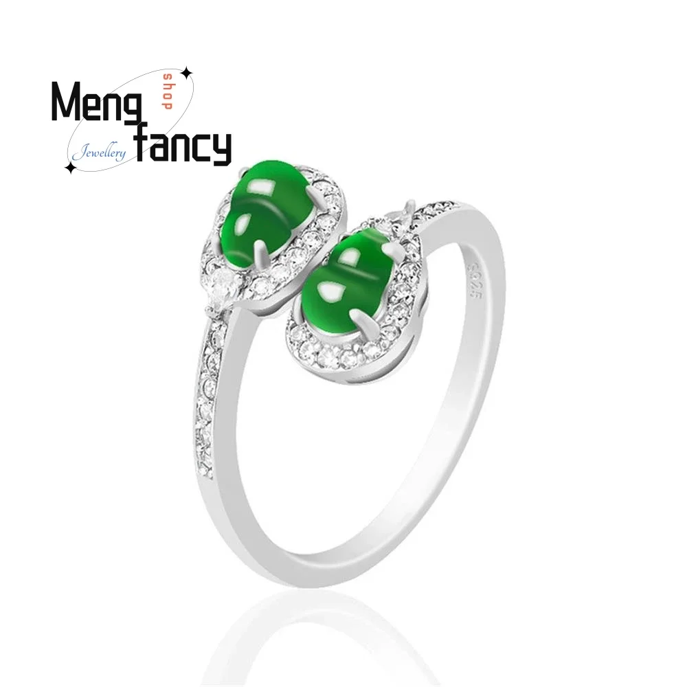 

S925 Silver Inlaid Natural A-goods Jadeite Double Gourd Yang Green Ice Jade Ring Women's Adjustable Exquisite Fashion Jewelry