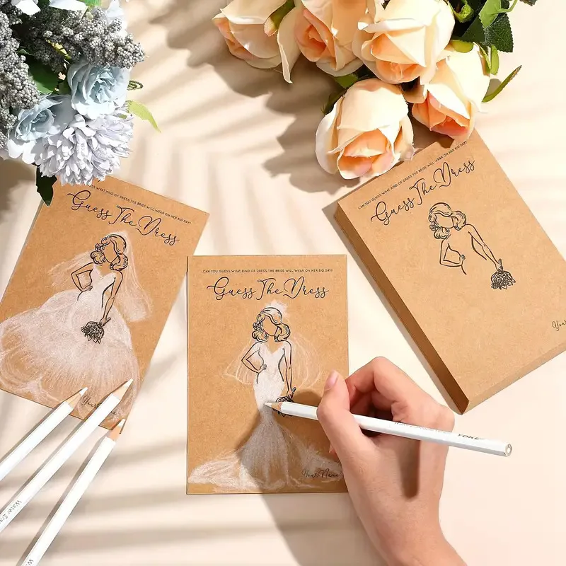 

10Sets Wedding Dress Game Card with Pens Guess the Dress Bridal Shower Painting Games Hens Bachelorette Party Wedding Decoration