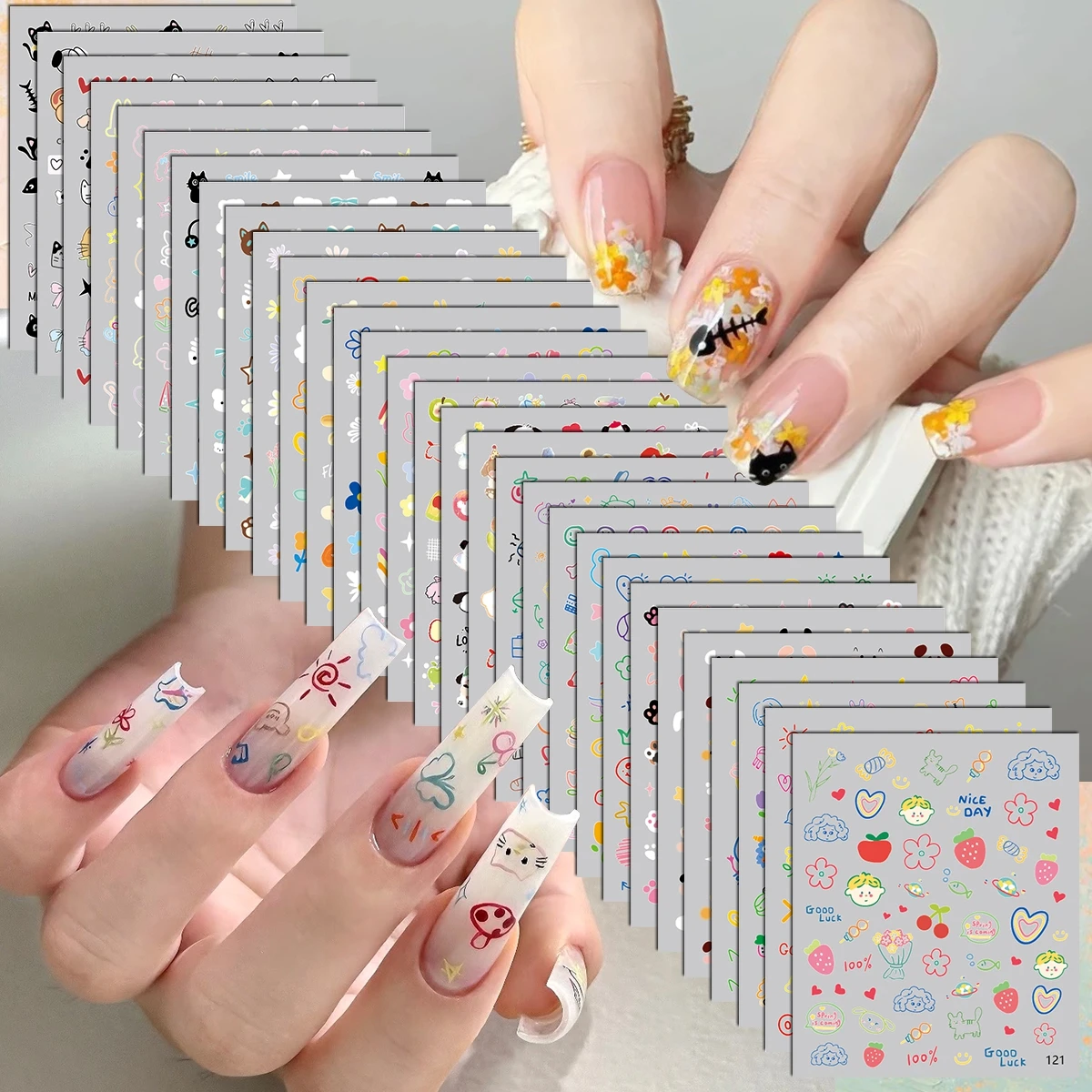 30 bis 90 Blatt 3D Niedliche Cartoon-Nagelaufkleber Kawaii Tier Blumen Obst Selbstklebende DIY Maniküre-Abziehbilder