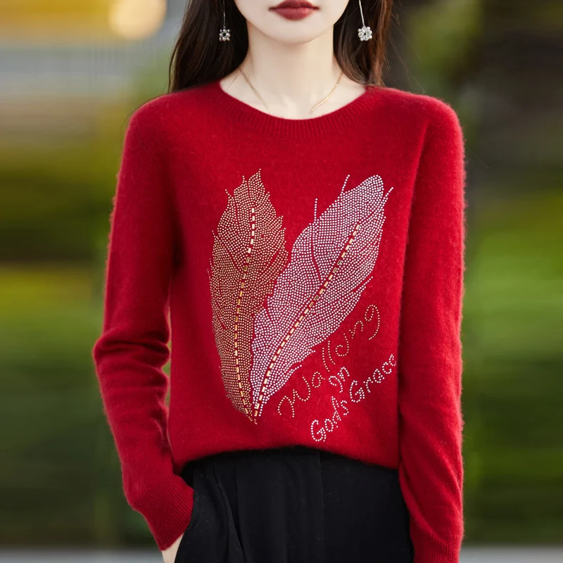 Suéter con cuello redondo para mujer, Top de punto de otoño, jersey de manga larga a la moda con diamantes de plumas, jersey básico de alta elasticidad para invierno, jersey cálido para mujer