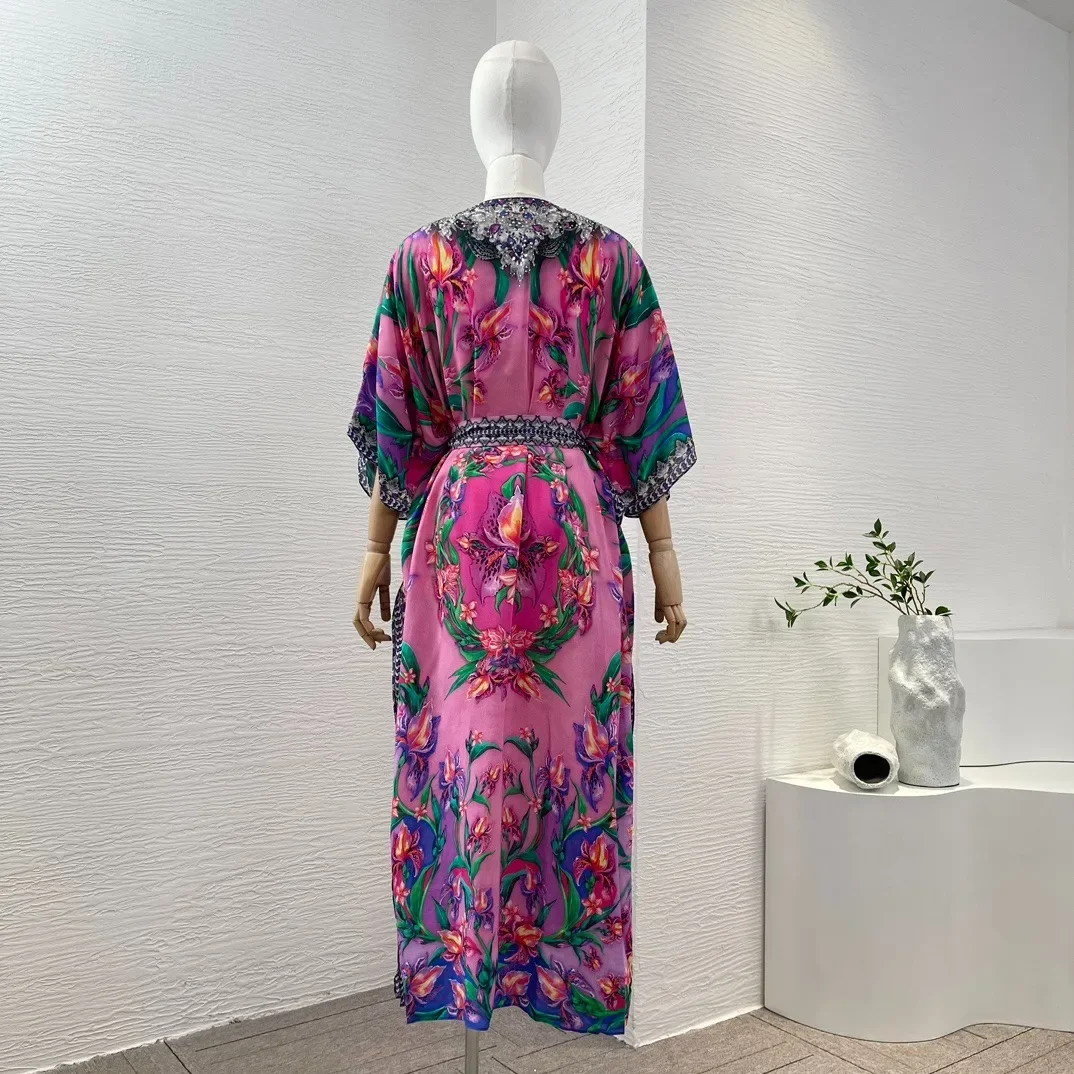 Silk Rose Red Flowers Print 3/4 Sleeve Diamonds Pressed V-Neck Belt Wrap Loose Midi Dress 2024 New Elegant Women Clothing