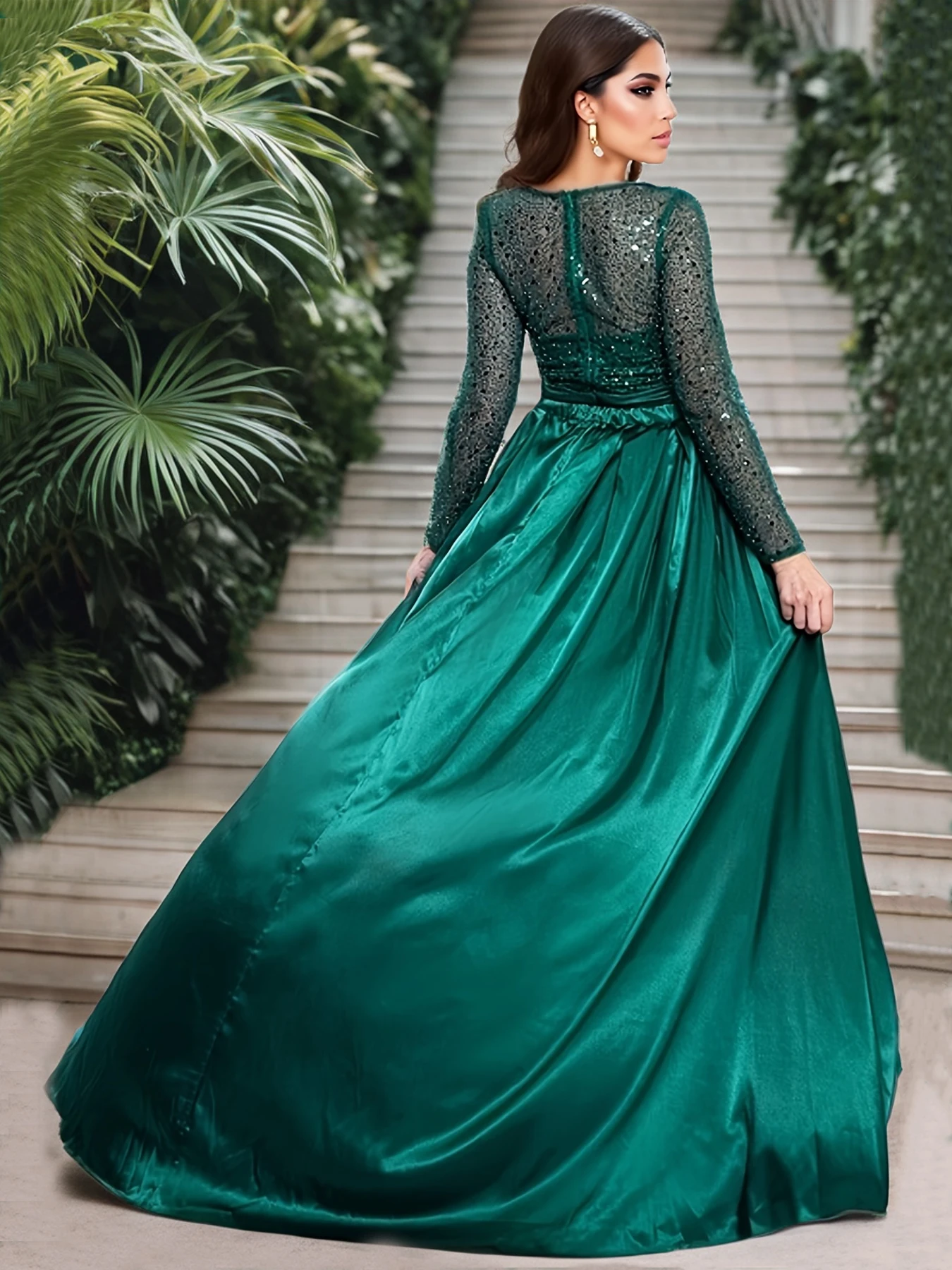 Green O Neck See-through Long Sleeves Evening Dress Sequin Detachable Train Women Dresses Cocktail Prom Gown For Wedding Party