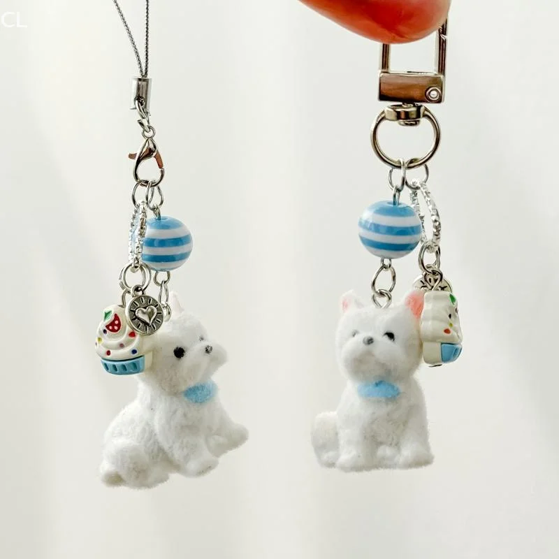 Flocking Puppy Keychain Furry Dog Phone Chain Strap Charm Keyring Jewelry Anti-Lost Lanyard Bag Decor