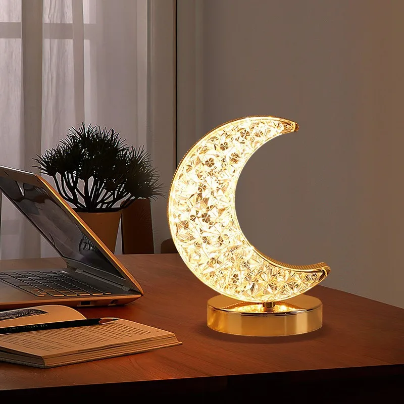 Light Luxury High End Crystal Moon Night Light Bedside Table Atmosphere Light Holiday Gift Creative Modern Simple Decoration