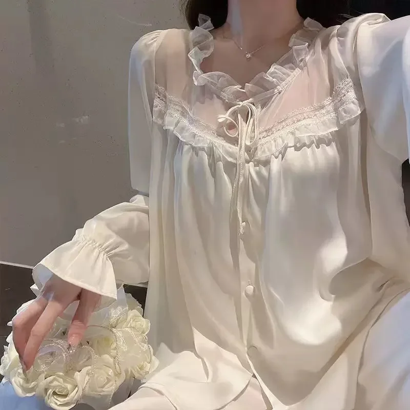 

Women Autumn Spring Sleepwear Sweet Princess Sleepwear Satin Pajamas Long Sleeve Casual Nightwear Pyjama Set Loose Home Clothes