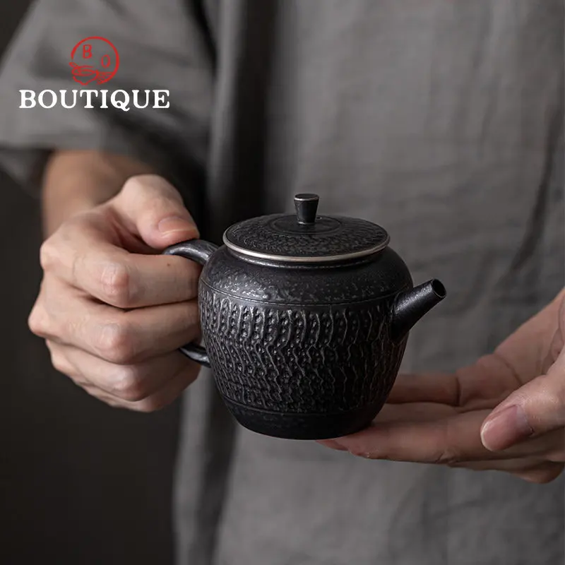 150ml Chinese Silver Black Ceramic Teapot Retro Handmade Jump Knife Art Pot with Filter Tea Maker Kettle Kung Fu Tea Set Teaware