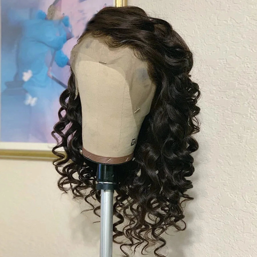 Perruque Lace Front Wig sans colle bouclée noire naturelle pour femme, cheveux de bébé préplumés, densité 180, 26 pouces de long, 03/Cosplay