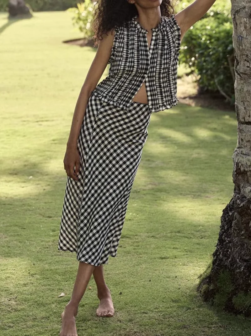 

Summer 2025 Women Plaid Set Ruffled Collar Single Breasted Sleeveless Blouse Top + High Waist A-Line Midi Skirt Suits