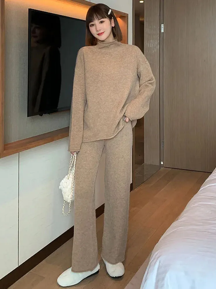 Spring Fall 2 Piece Sets Half High Collar Soft Pullovers Ensemble High Waist Wide Leg Pant Suits Knit Solid Color Conjuntos