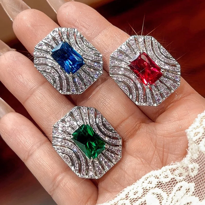 

Fashion Luxury Ruby Ring for Women Vintage Blue Red Square Hollow Ring Wedding Anniversary Valentine Day Gift for Her