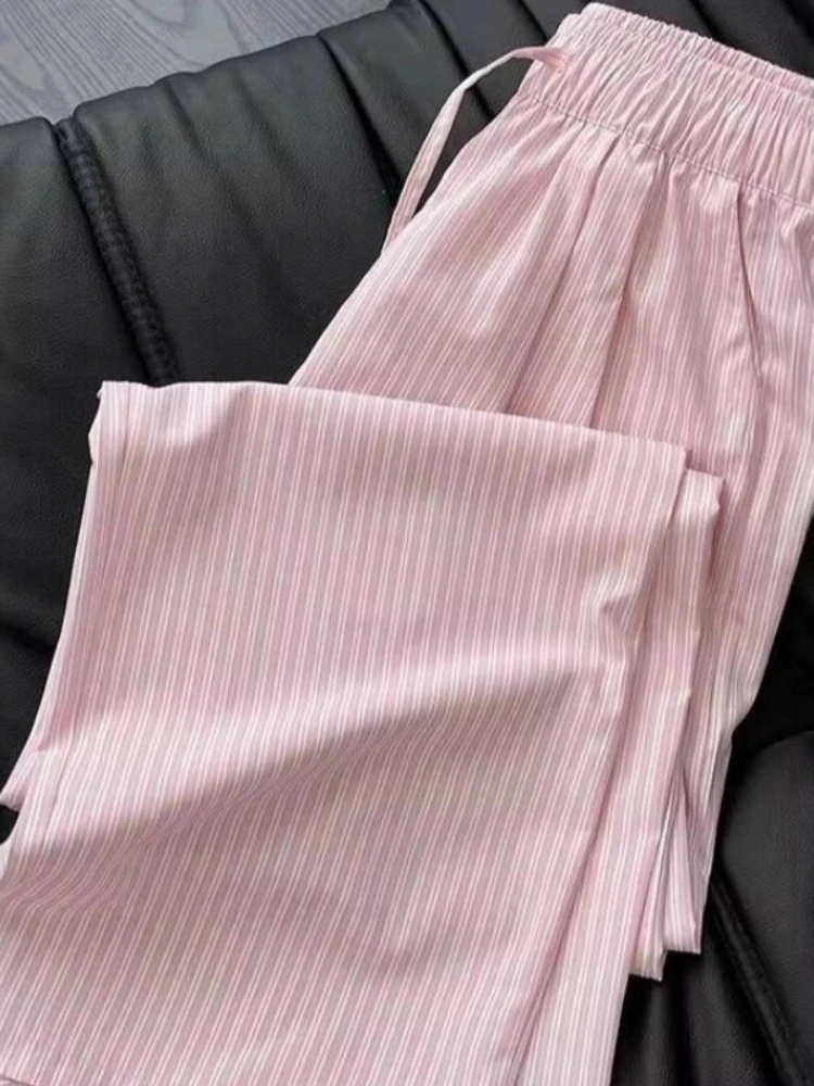 Gestreifte Wide-Leg-Hose für Damen im Sommer: Dünnes Design, hohe Taille, lockerer Schnitt, schlankmachend und fließend, kühl und bequem, bodenlange Hose