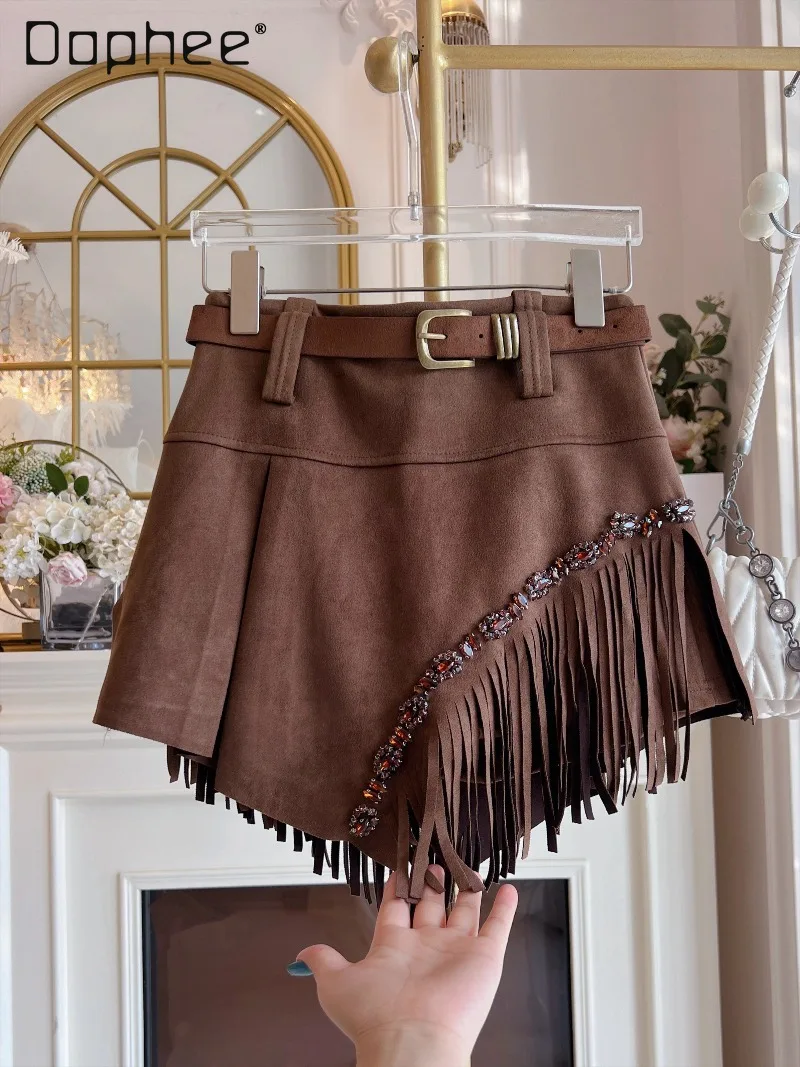 

Fashion Retro Tassel Skirt for Women 2025 Autumn Winter New Street High Waist Slim Heavy Beaded Belt Mini Skirt A-line Skirts