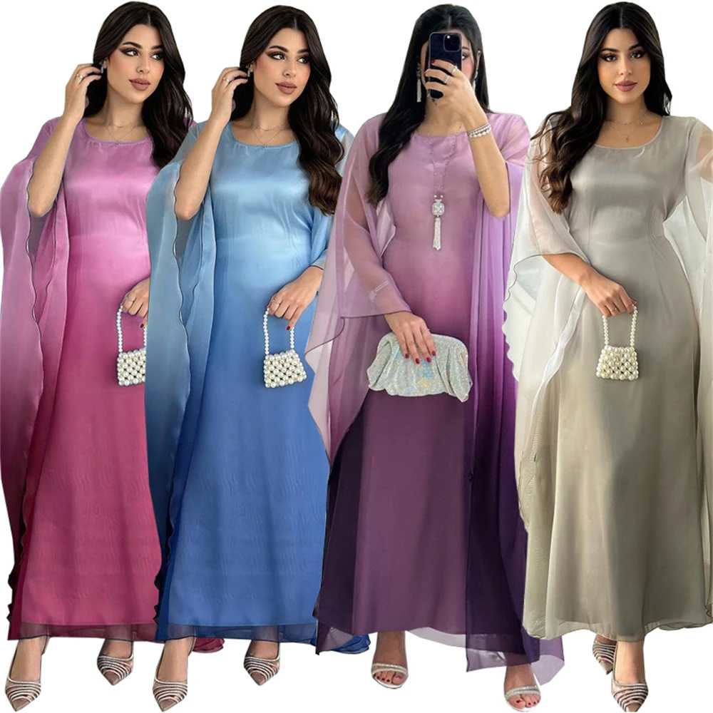 

Middle Eastern Muslim Fashion Gradient Satin Dress, Loose Patchwork Round Neck Dress