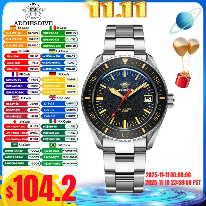 

ADDIESDIVE AD2105 Men's Watch Sapphire Glass 200m Diving C3 Super Luminous Calendar Window NH35 Automatic Mechanical Watches