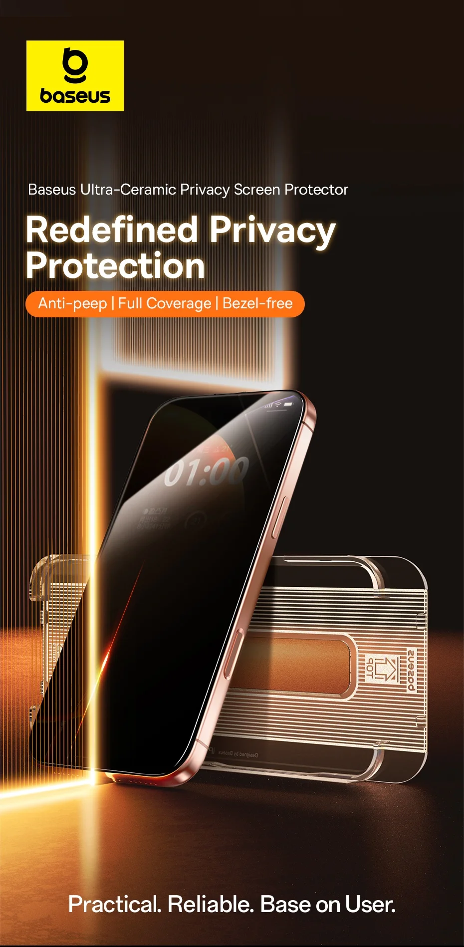 Baseus 0,4 mm Corning gehärtetes Glas für iPhone 17, 16, 15, 14, 13 Pro Max Plus Displayschutzfolie, Anti-Peeping-Auto-Installationsfolie – Detail 3