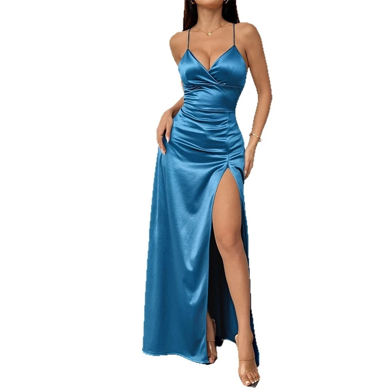 Spaghetti Strap Slip Dress Side Slit Elegant Silky Cami Evening Gown Sexy Split Midi For Women Party Wedding Date Night