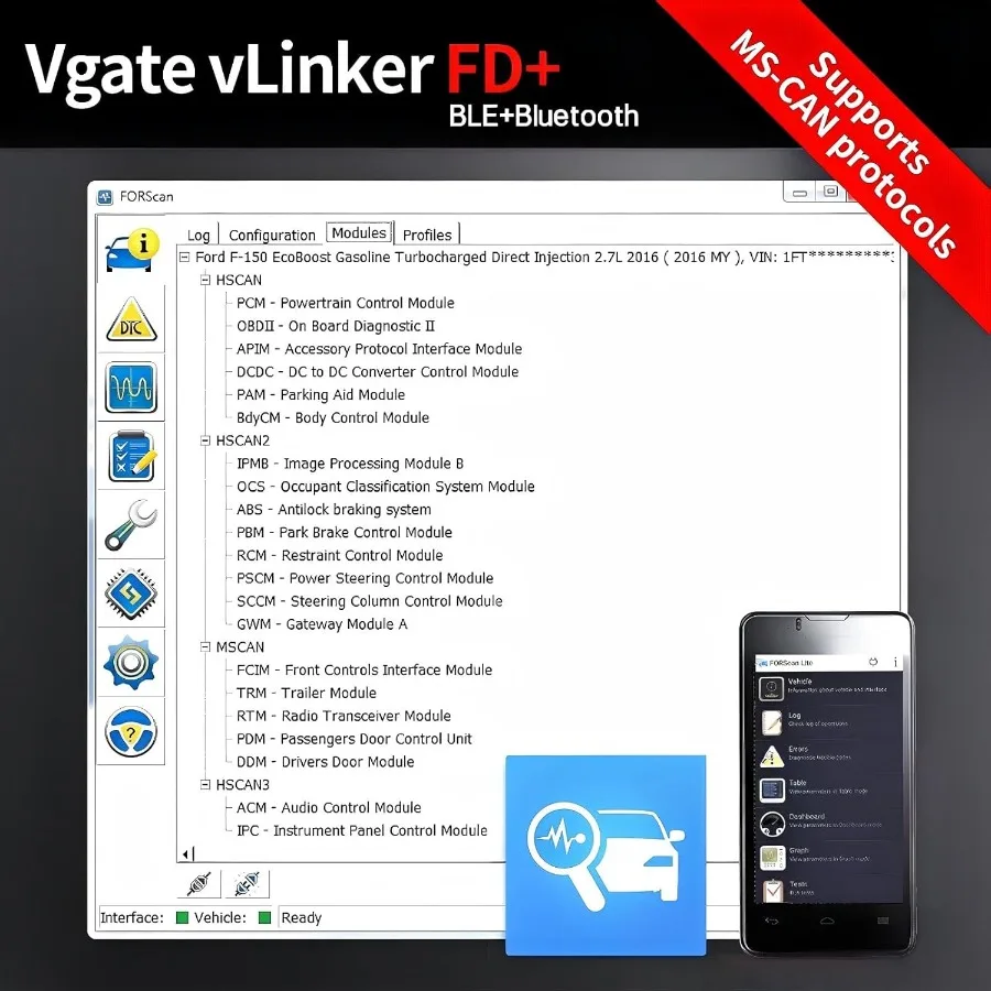 vLinker FD+ OBD2 Bluetooth Adapter Diagnostic Code Reader for iOS Android Windows with MS-CAN and ELM327 Support for Real