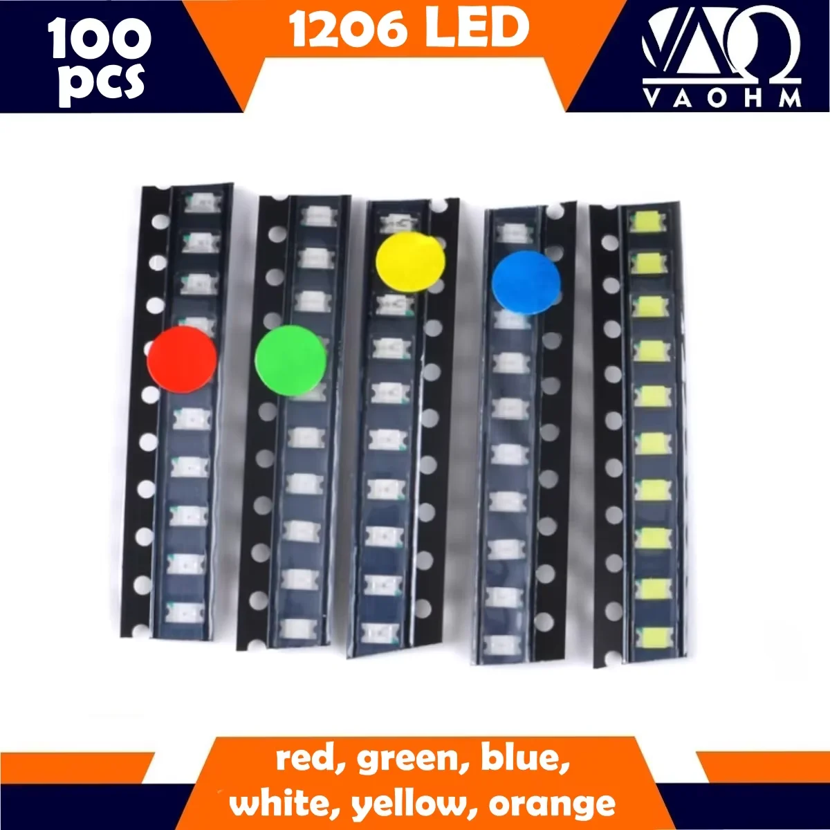 100PCS High-Brightness 1206 SMD LEDs (Red, Green, Blue, Orange, Yellow, White) for Indicators