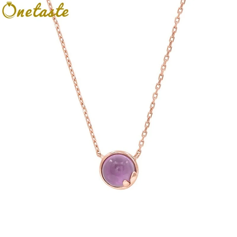 

S925 Silver Natural Amethyst Stone Round Pendant Necklace Women Rose Gold Lightweight Dainty Layered Chokers Necklaces Her Gift