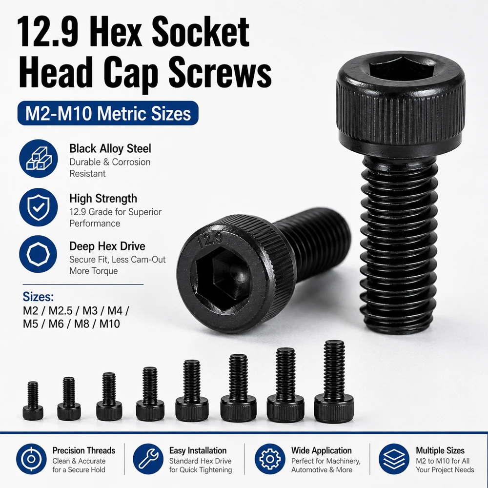 

5-50pcs M2-M10 12.9 Black Hex Socket Bolts Set Wear-Resistant Steel Metric Screws High Strength Fastener Kit for DIY Repairs