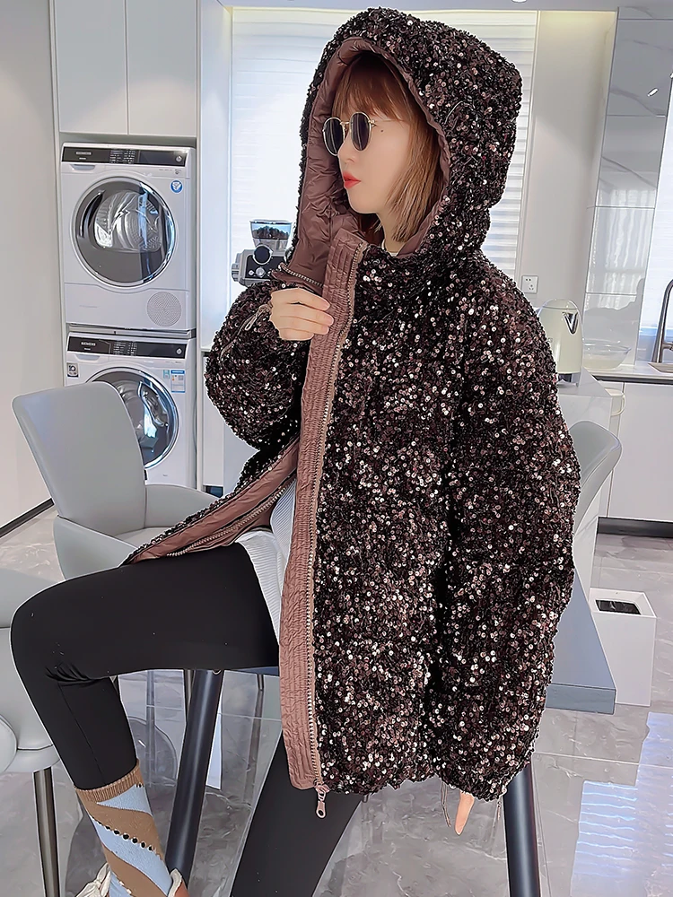 Full Sequins Women Winter Down Jacket Thick Parka Coat With Bling Bling Fashion Design Puffer OVERCOAT