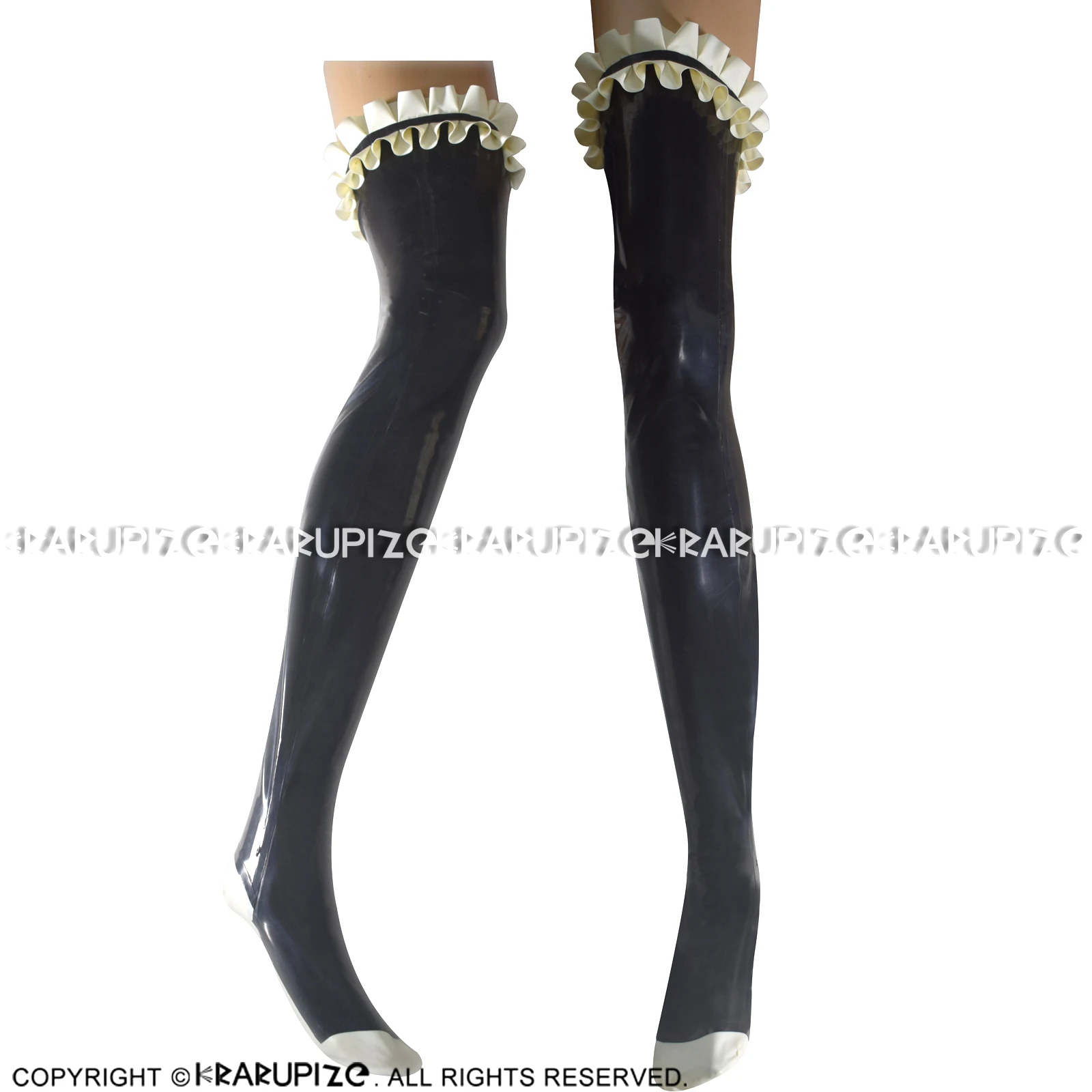 Black And White Sexy Long Rubber Latex Thigh High Stockings With Frills On Top Trims At Feet WZ-0088