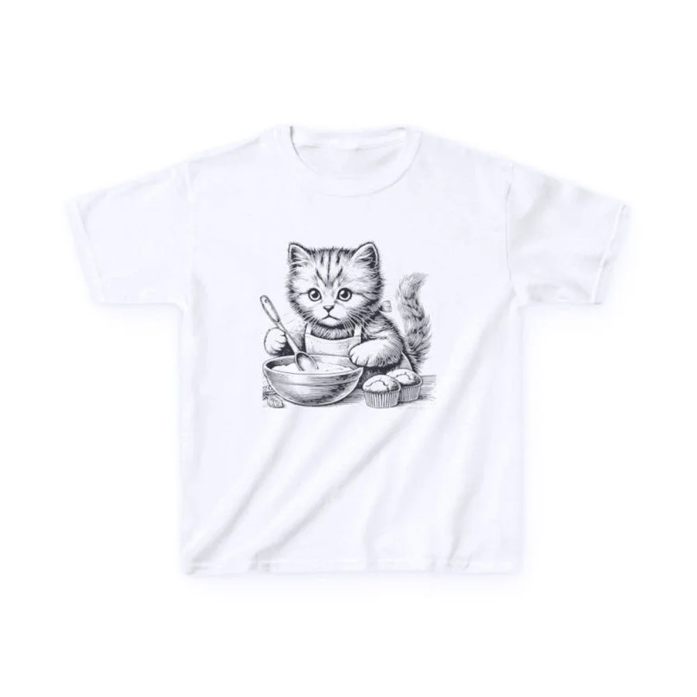 Retro Kitten Baking T-shirt Vintage Cat Print Women Tee Casual Breathable Short Sleeve Tops Comfortable Street Female Clothes