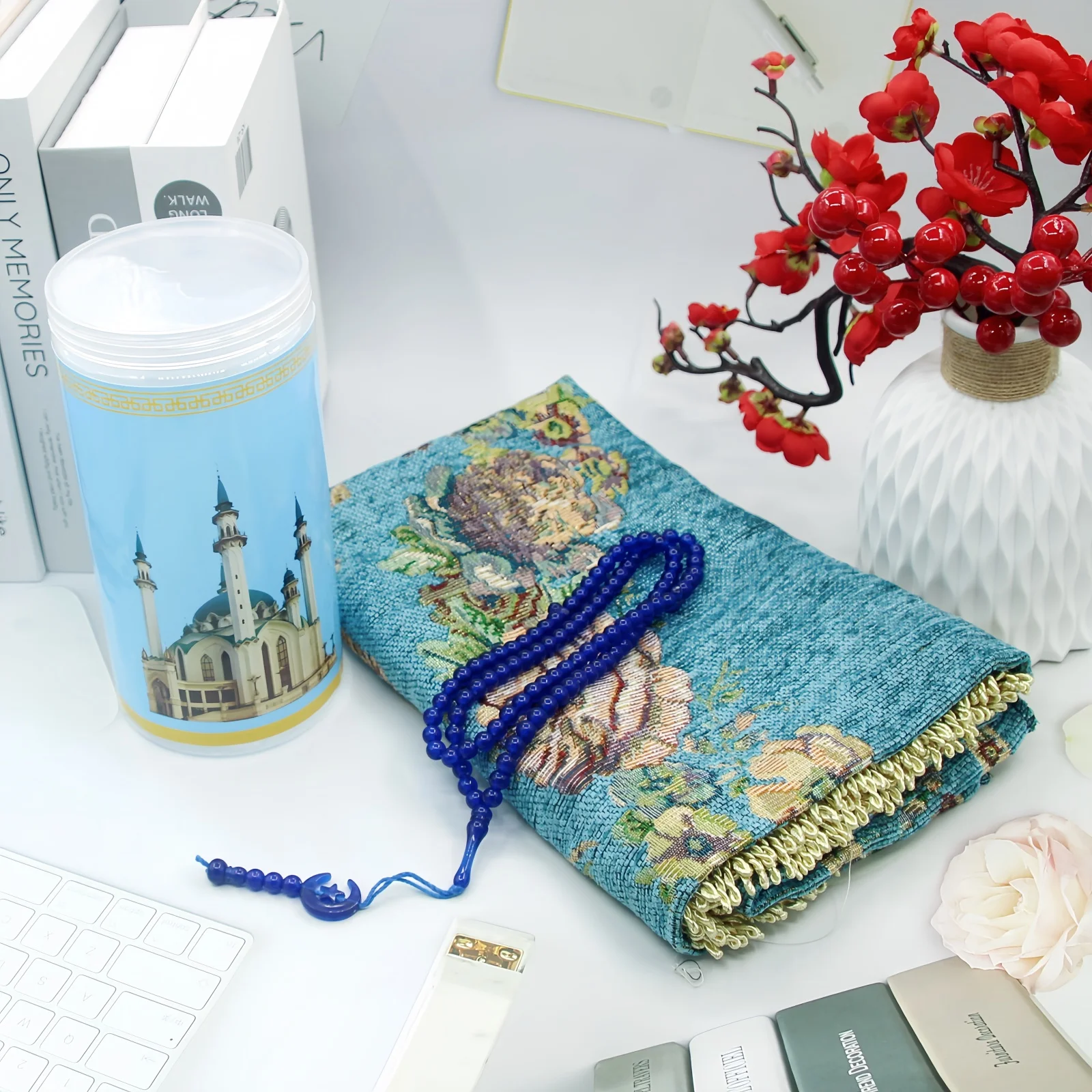 Portable Floral Prayer Bucket Blanket, long prayer mat printed with delicate small flowers, portable storage worship blanket