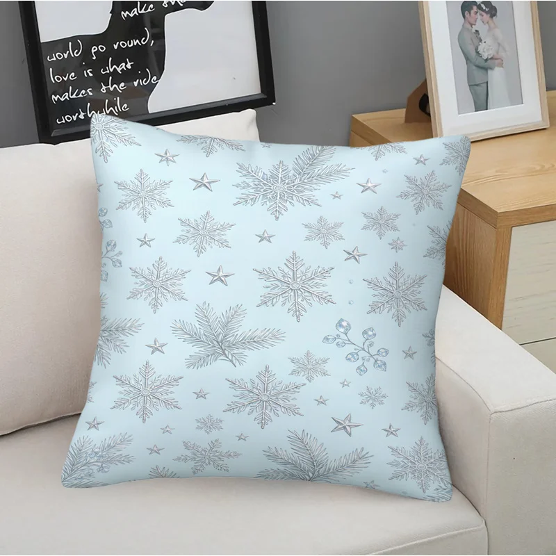 45x45cm 1Pc Christmas Microfiber Square Throw Pillow With Insert,Durable,Skin-Friendly,Silver Snowflake Pine Branch Print