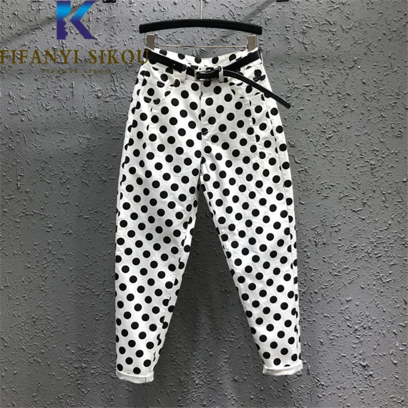 Polka Dot Print Jeans Women 2022 Spring Casual Loose Pencil Jeans High Waist Denim Harem Pants White Washed Jeans Female