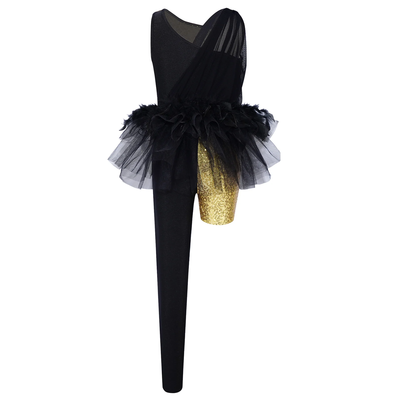 

Kids Feather Tulle Skirted Bodysuit Shiny Unitard Girls Sparkly Sequins Jazz Dance Costume Jumpsuit Asymmetrical Dancing Leotard