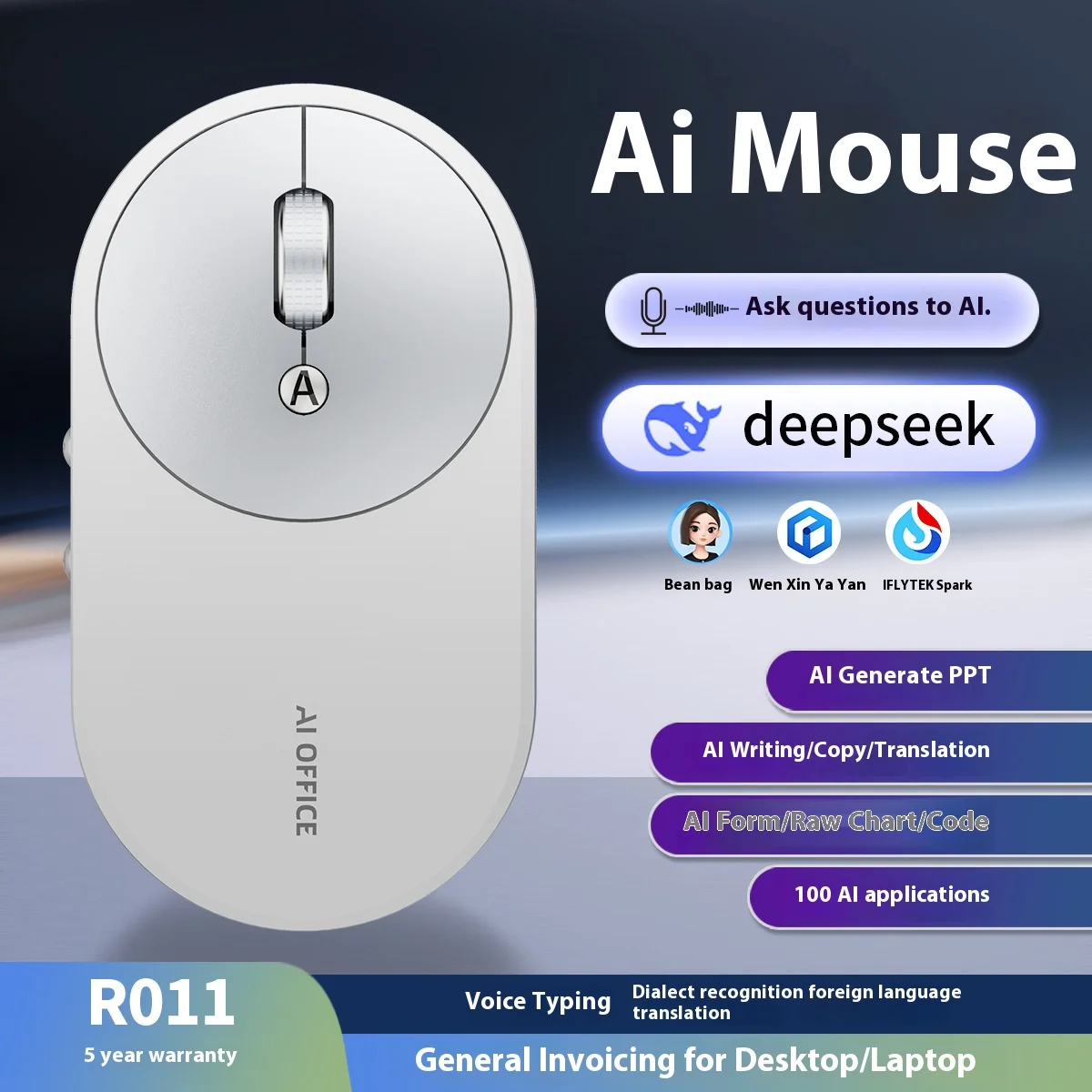 

AI Smart Bluetooth Mouse, Silent, Rechargeable Wireless Mouse, Deepseek Voice Control, Chat-GPT Bean Bag, Office PPT