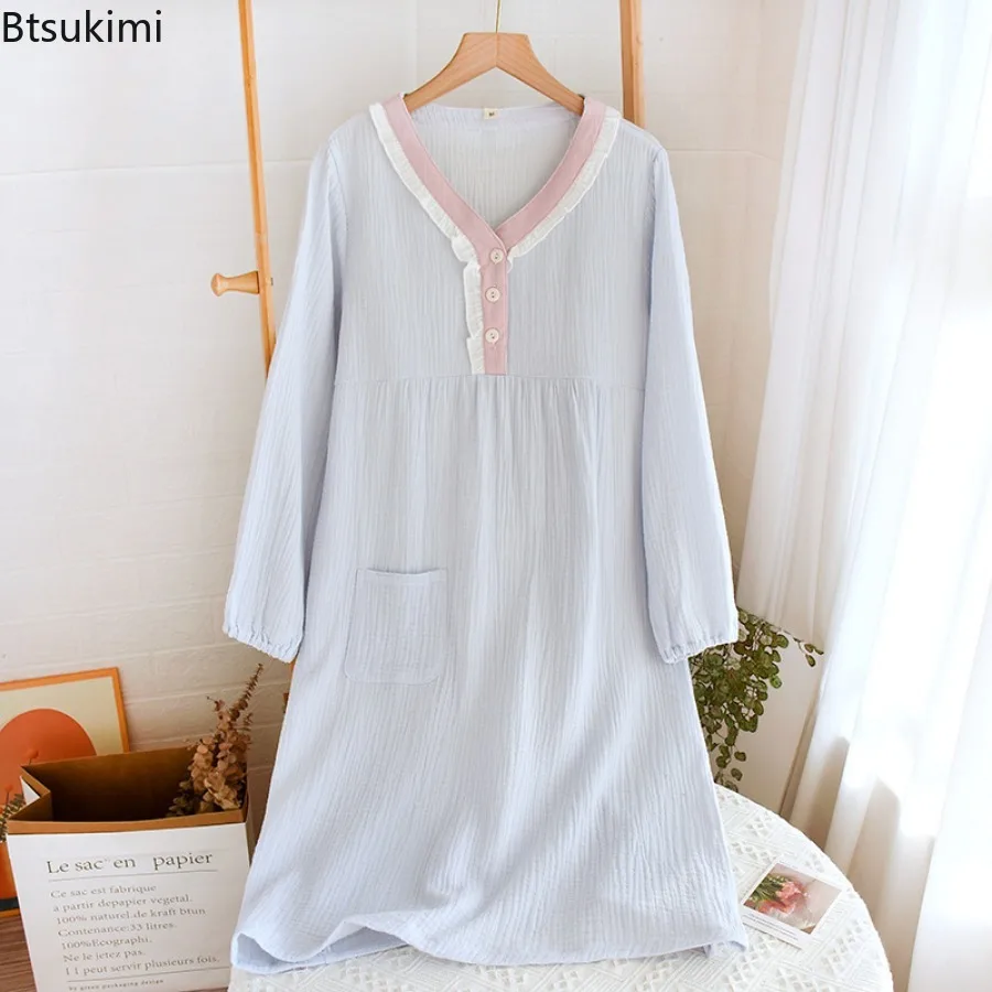New 2025 Spring Women's Long Skirt Cotton Yarn Crepe Fabric Nightdress Two Colors Loose Cotton Long Sleeve Home Dress Sleepwear