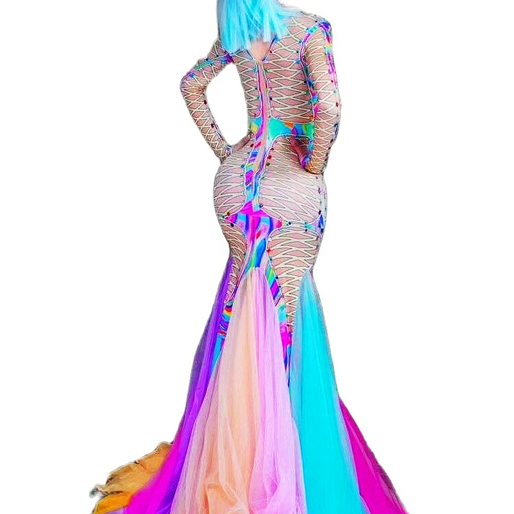 Colorful See-through Long Tailing Dresses Women Birthday Celebrate Party Dress Stretch Leotard Singer Dancer Stage Wear Costumes