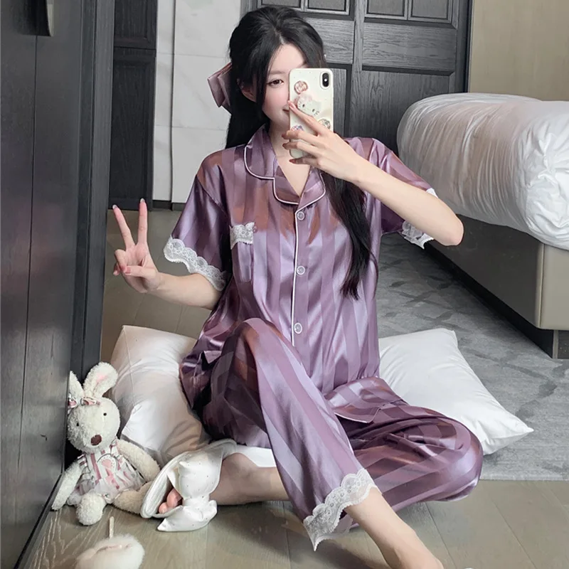 

Комплект шелковых пижам Pjs Setice, женский пижамный комплект, женские весенне-летние пижамы, кружевные пижамы, модная домашняя одежда, пижамы