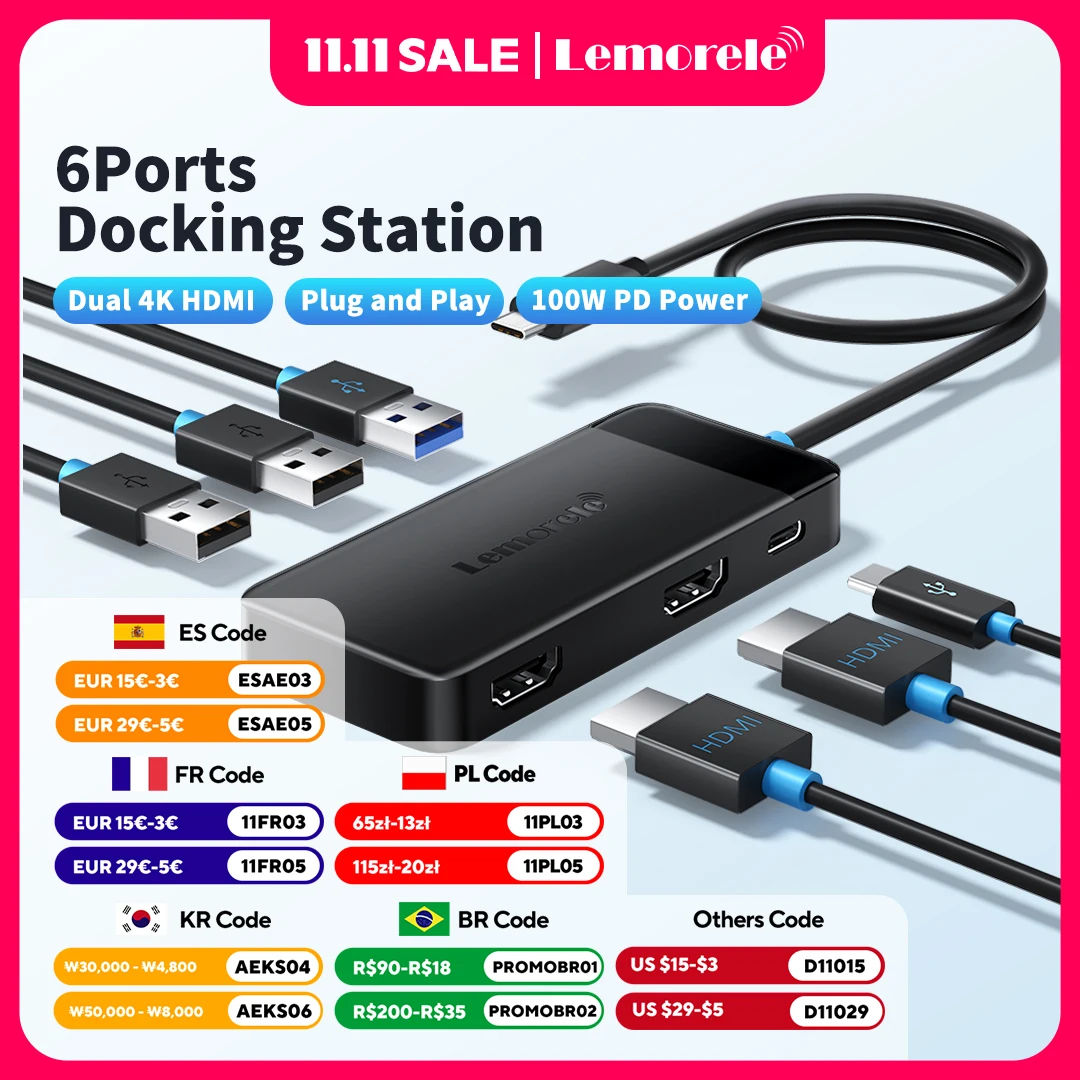 

Lemorele TC122 6 в 1 USB-концентратор типа C Dual 4K HDMI USB C 3.0 5 Гбит/с PD100W Компьютерные офисные аксессуары для планшета, ноутбука, монитора