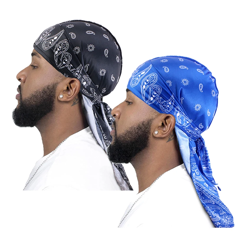 2PCS/LOT Men\'s Turban Hat Printed Wigs Durag Biker Headwrap Pirate Hats Cap For Men Hair Accessories Long Tail Straps Bandanas