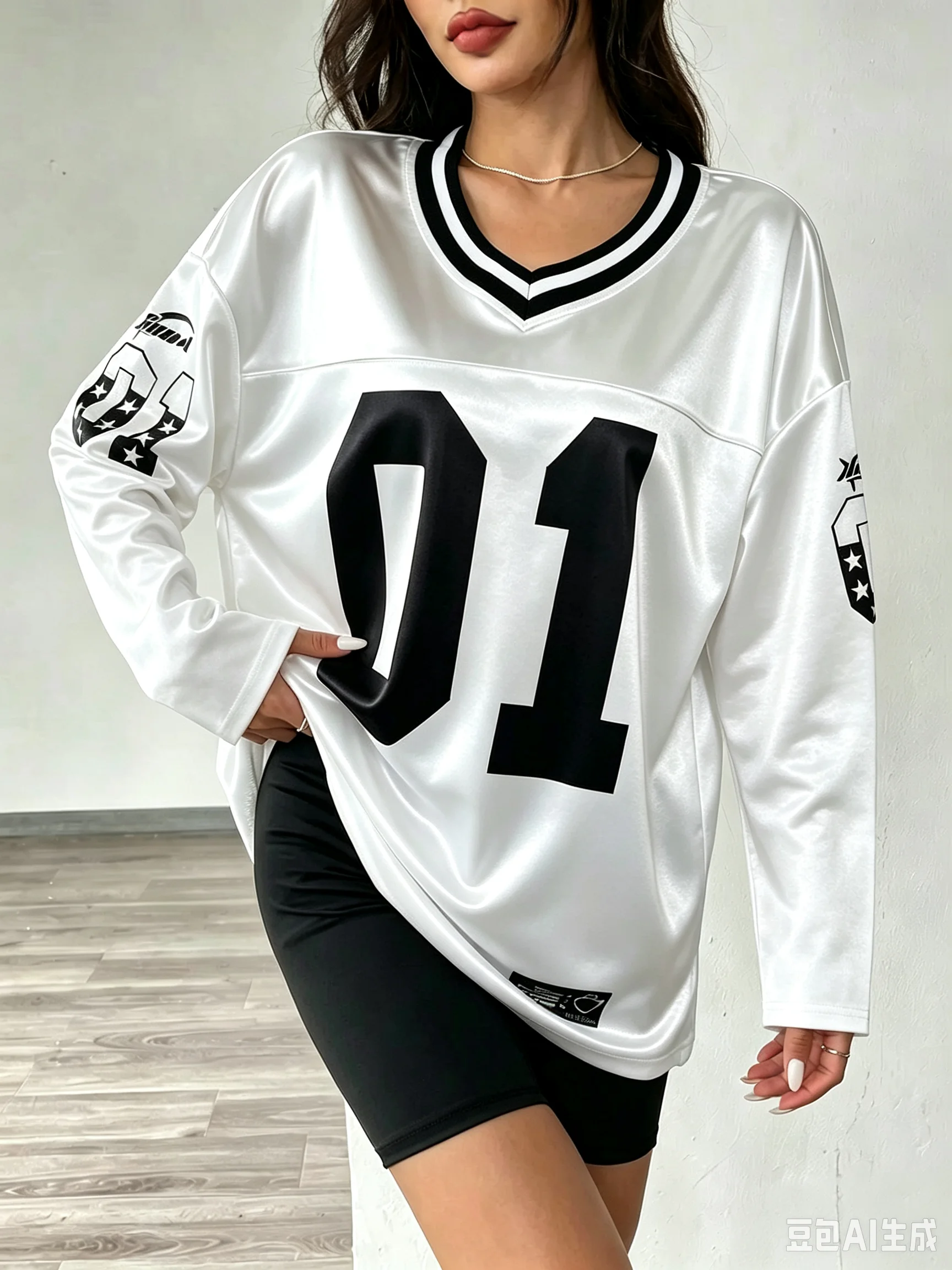 Herren Damen Vintage Langarm Oversized T-Shirt mit Nummer 01 Aufdruck, V-Ausschnitt, Modisches Sportliches Loose-Fit Streetwear Casual Oberteil – Detail 11