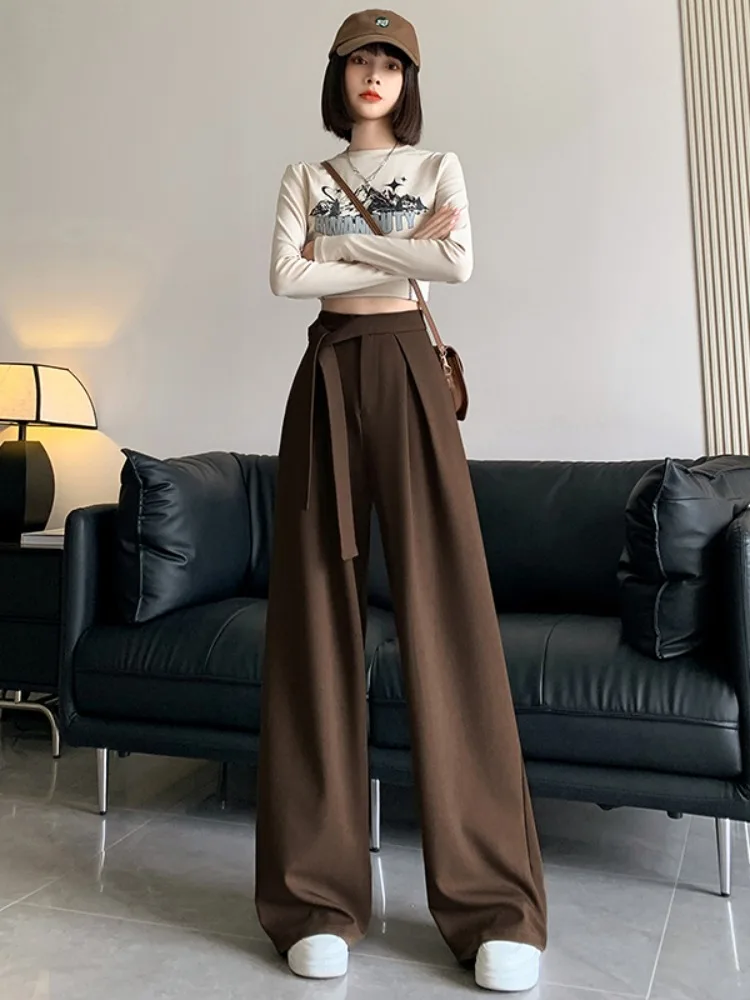Hoge taille wijde pijpen pakbroek met riem Dames herfst winter ontwerp sensatie wollen casual broek Koreaanse Sle woon-werkverkeer Faion
