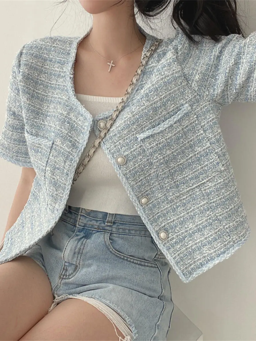 

Tweed Jacket Mid Woman Womens Winter Minimalism Exquisite Vintage Buttons Padded Petite Sequined Glamour Silhouette French Style