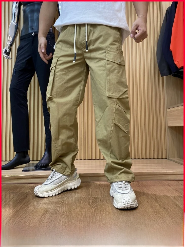 

American Retro Work Pants with Large kets Dstring Elastic Waist Cotton Casual Trousers Men's Loose Fit Knife Cuffe...