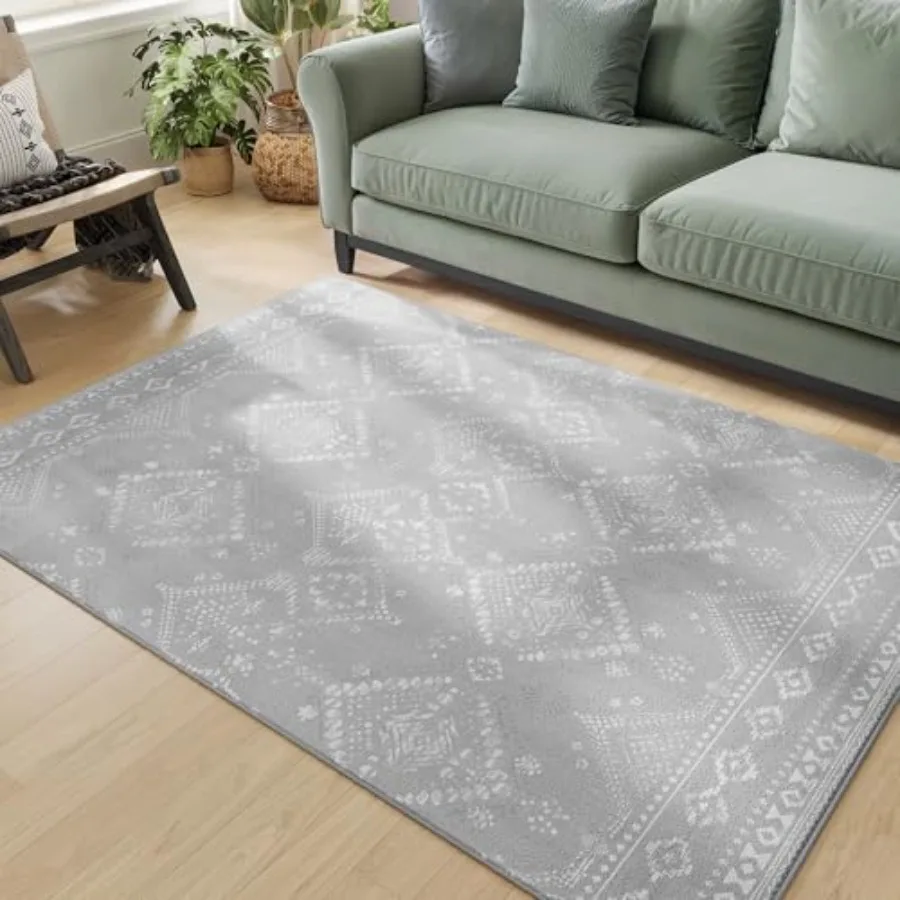 

5x7 ft Area Rug for Bedroom and Living Room NonSlip Machine Washable Carpet with Boho Style Design in Light Gray Ideal for Home