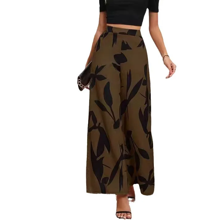 Casual Print Wide Leg Pants Women Fashion Street High Waist Simple Pant Female Boho Loose All Matching Pants Black