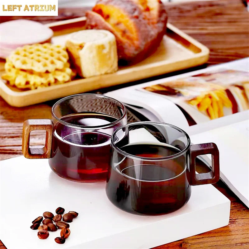 

260ml American Latte Coffee Glass Coffee Mug With Anti Scald Walnut Wooden Handle Home Milk Tea Cups and Mugs Drinkware