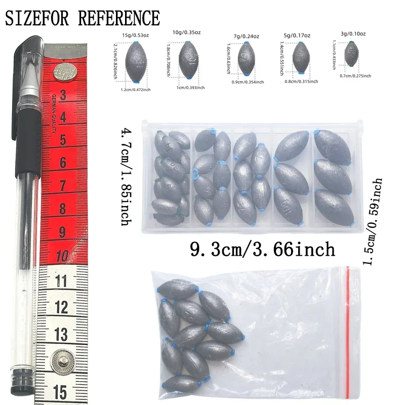 Zestaw 30/10 obciążników jajkowych z pudełkiem do przechowywania, owalne obciążniki ołowiane, odpowiednie do wody słodkiej i słonej
